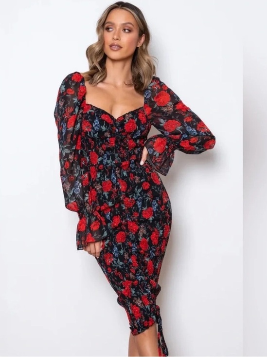 Jaus Dresses & Skirts - JAUS Black Red Floral Smocked Midi Dress Puff Sleeve Bodycon cocktail semi forma